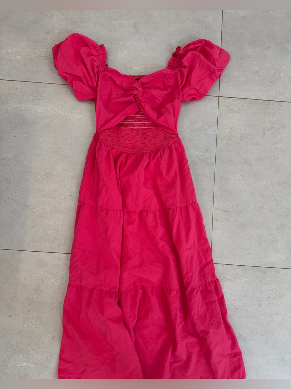 Zesica Hot Pink Puff Sleeve Midi Dress